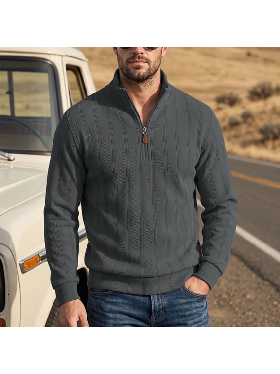 Men's Quarter Zip Sweater, Stand Collar Vertical Rib Knit Pullover, Long Sleeve Knitted Top With Leather Zipper Pull, Ribbed Cuffs And Hem, Warm Knitwear Cool Weather Daily Wear