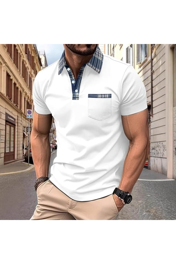 Men's Short Sleeve T-Shirts Summer Casual T-Shirt Loose Button Color Blocked Turndown Collar Sports Tops Shirt