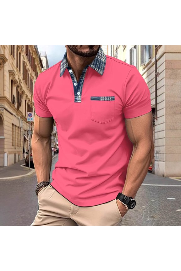 Men's Short Sleeve T-Shirts Summer Casual T-Shirt Loose Button Color Blocked Turndown Collar Sports Tops Shirt
