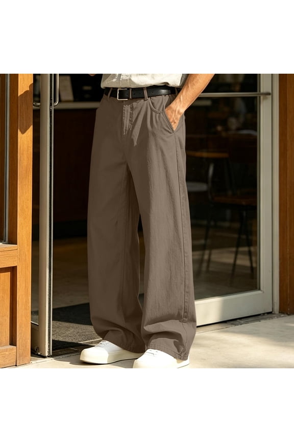 Men's Solid Color Wide Leg Chino Pants, Button Zipper Fly, Classic Five Pocket Design, Loose Straight Casual Long Trousers for Men