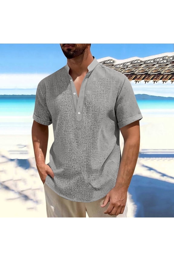 Men's Summer Half Button Closure Solid Color Shirt, Men's Casual Fashion Short Sleeved Stand Collar Comfortable Shirt