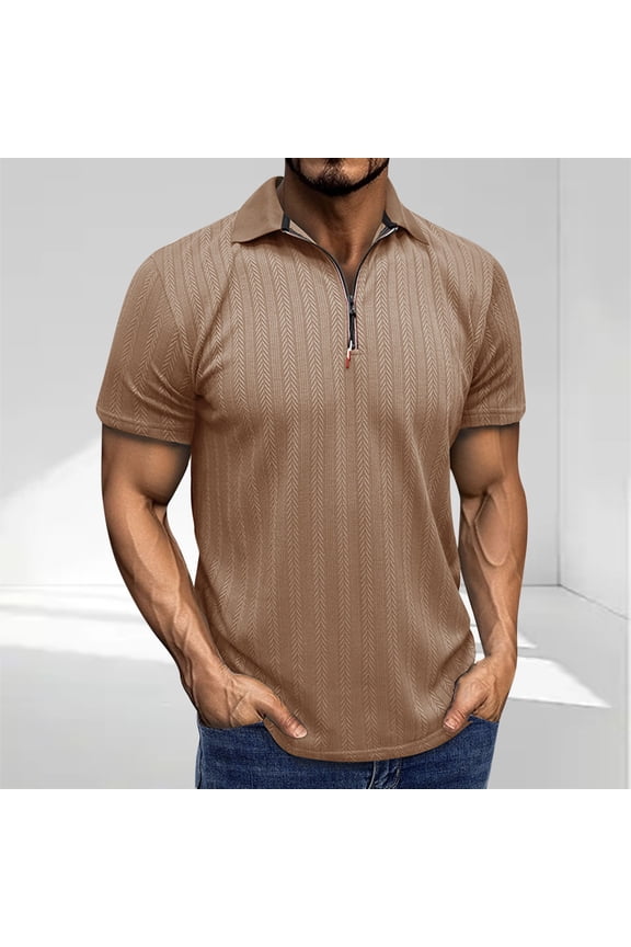 Men's T-Shirts Short Sleeved T Shirt Spring Summer Casual Slim Fit Jacquard Zipper Turndown Collar Shirts Top