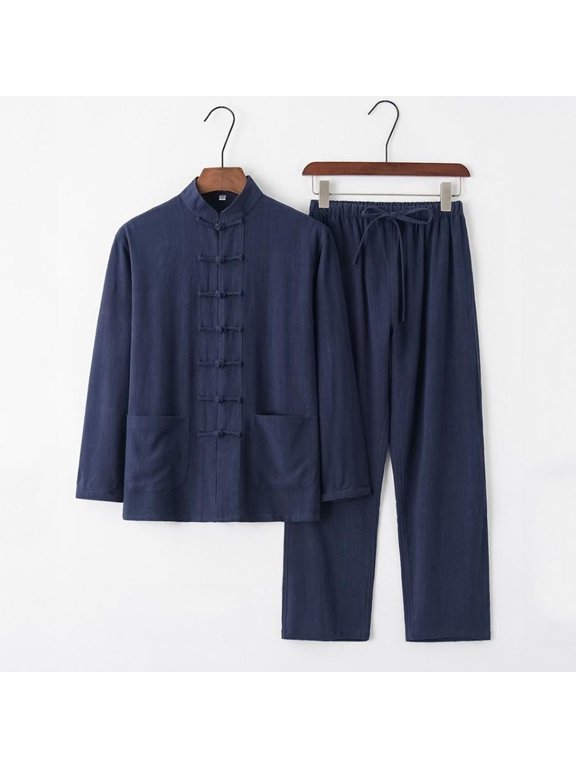 Men's Tai Chi Kung Fu Uniform 2Piece Set,Tang Suit, Mandarin Collar Frog Button Shirt,Elastic Waist Pants