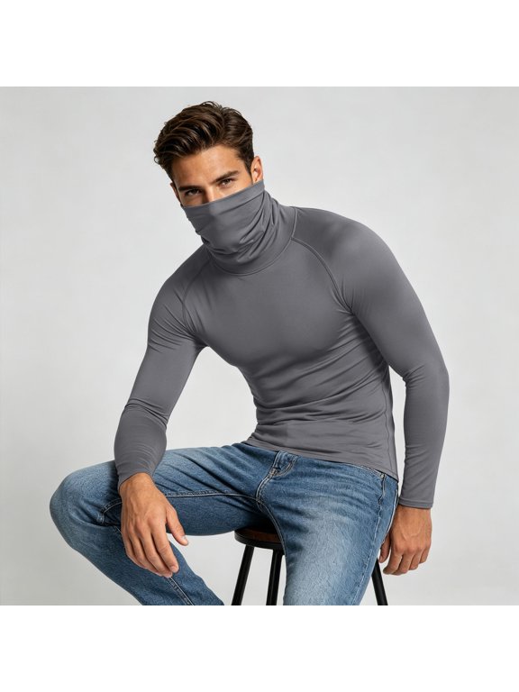 Men's Turtleneck Long Sleeve Base Layer Shirt, Integrated Face Cover Soft Stretchy Thermal Compression Long Sleeve Tee, Outdoor Windproof Pullover Top For Men