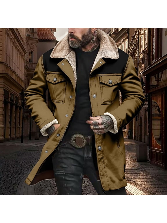Men's Winter Sherpa Lined Cargo Coat, Color Block Lapel Mid Length Jacket, Multi Pocket Thermal Windproof Casual Outerwear For Daily Street Cold Weather Wear