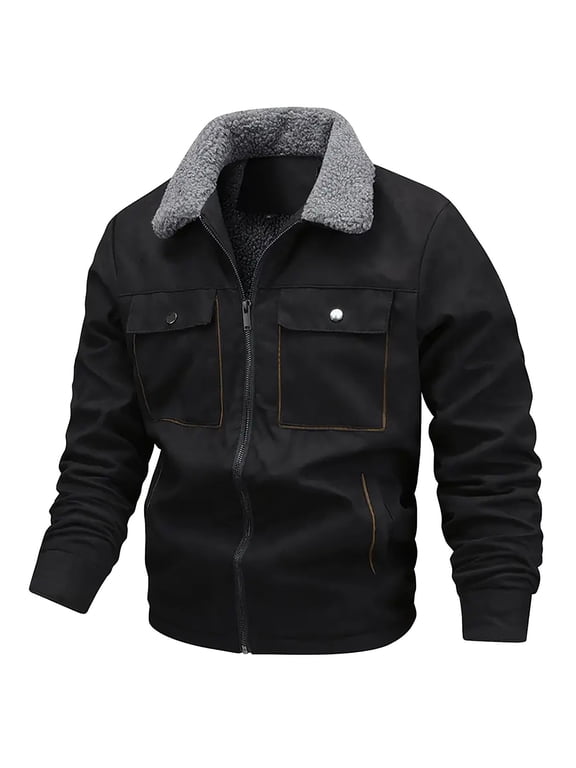 Mens Casual Jackets Fall Outerwear Big & Tall Long Sleeve Winter Solid Color Lapel Suede Lambskin Button Pocket Zipper Outer Tops Plus Size