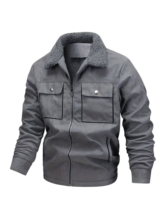 Mens Casual Jackets Fall Outerwear Big & Tall Long Sleeve Winter Solid Color Lapel Suede Lambskin Button Pocket Zipper Outer Tops Plus Size