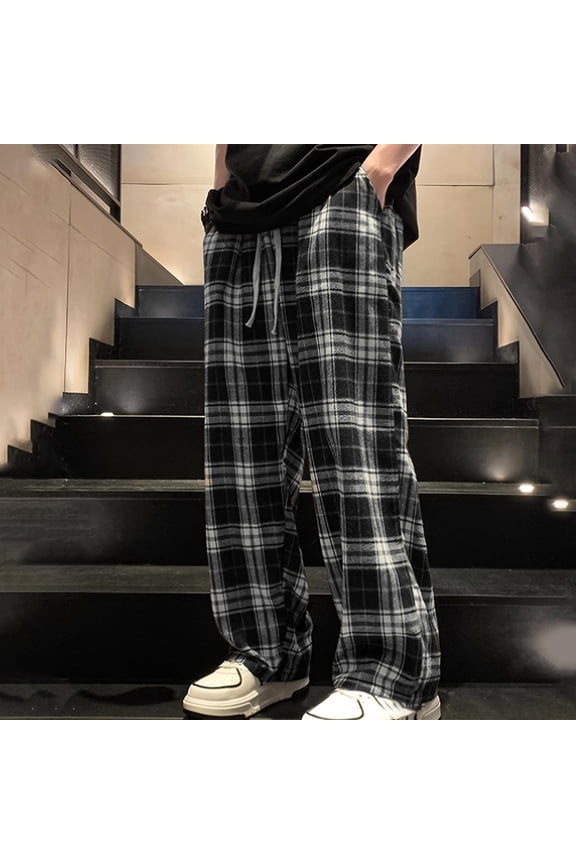 Mens Casual Pants Fashion Bottoms Summer Brushed Plaid Home Pocket Check Elastic Waist Full Length Trousers
