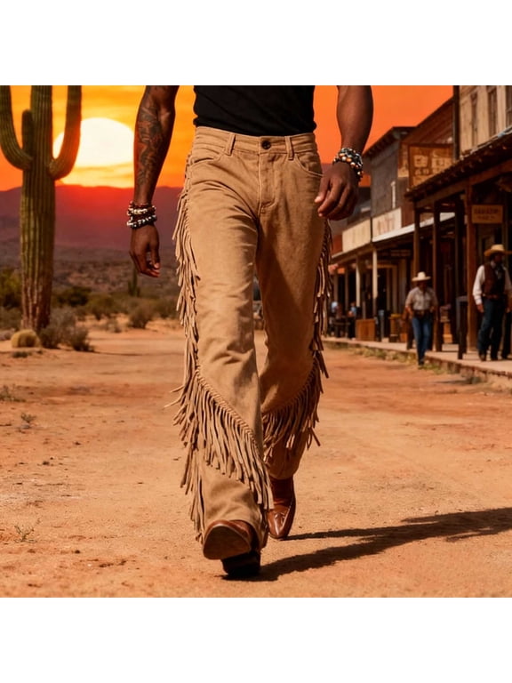 Mens Casual Pants Fashion Trousers Summer Solid Color Vintage Western Cowboy Style Punk Tassels Button Full Length Pants