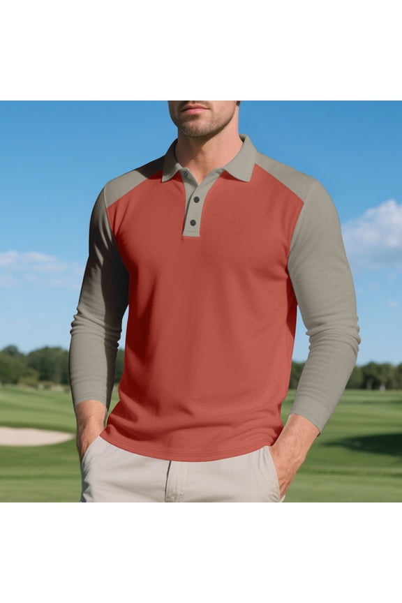 Mens Casual T-Shirt Long Sleeve T Shirt Fall Fashion Color Blocked Flip Collar Half Button Tops