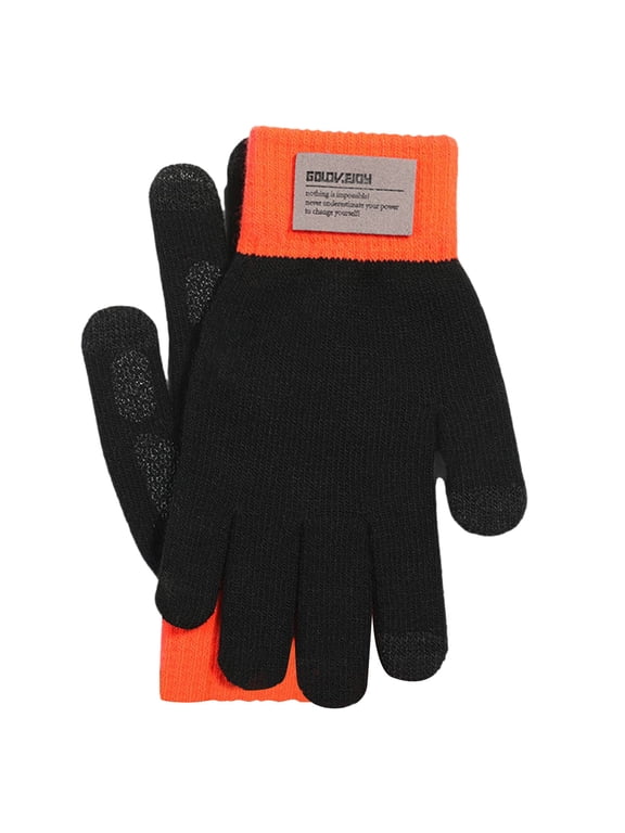 Mens Color Block Knit Winter Gloves with Fabric Label, Non Grip Palm Warm Thermal Full Finger Hand Gloves, Cold Weather Knitted Gloves for Driving, Cycling