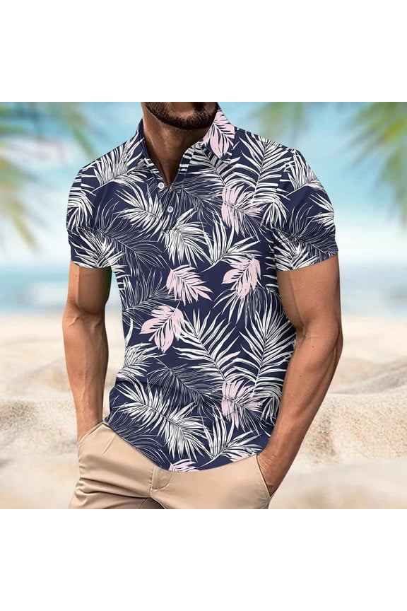 Mens Fashion T-Shirt Summer T Shirt Big & Tall Casual Short Sleeve Pullover Printed Button Turndown Collar Tops Tees Plus Size