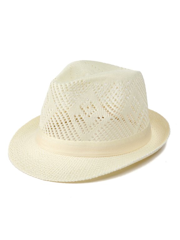 Mens Hollow Diamond Knit Straw Fedora Hat, Short Brim Open Weave Trilby Cap With Matching Ribbon B, Lightweight Breathable Summer Sun Hat Beach Travel Outdoor Wear