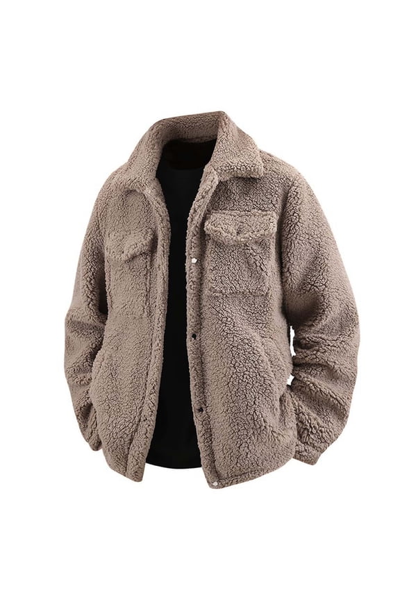 Mens Jackets Casual Outerwear Solid Color Fashion Winter Warm Fleece Faux Pocket Button Long Sleeve Flared Collar Outer Tops
