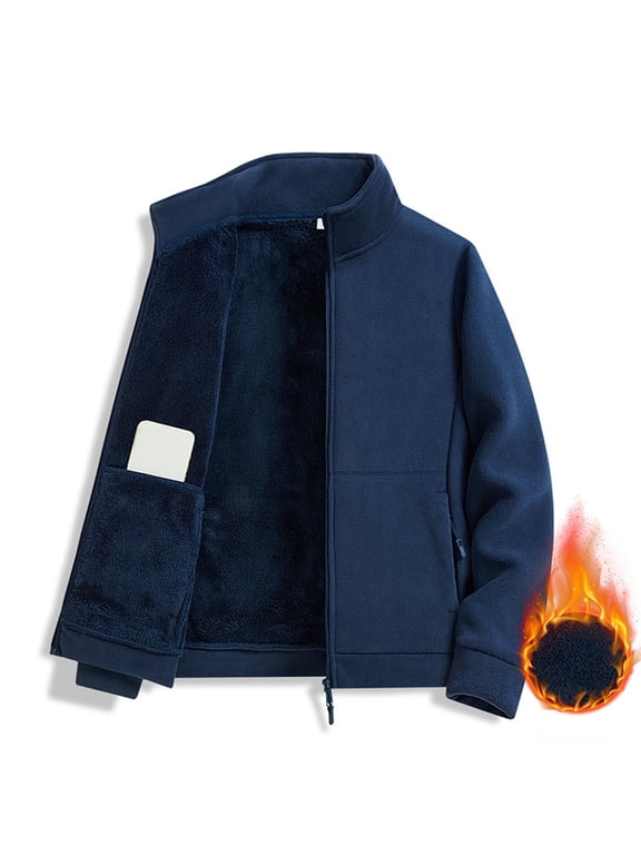 Mens Jackets Fashion Outerwear Big & Tall Casual Fall Long Sleeve Solid Color Thick Fleece Zipper Pocket Stand Up Outer Tops Plus Size