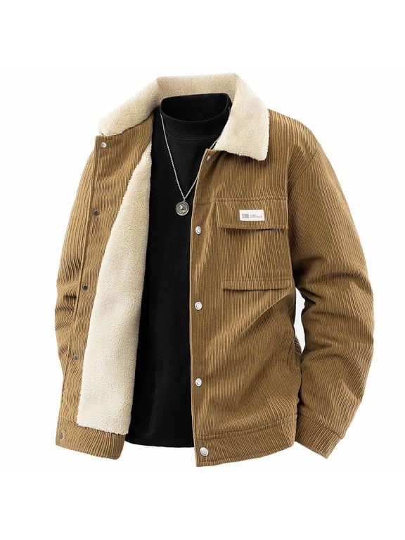 Mens Jackets Winter Outerwear Big & Tall Fashion Casual Fall Solid Color Lapel Corduroy Pocket Snap Thickened Long Sleeve Hoodless Outwear Tops Plus Size