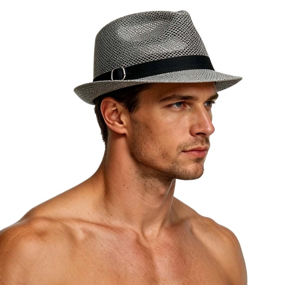 DayScoop Mens Mesh Straw Fedora Hat, Short Brim Hollow Out Trilby Cap With Black Strap Metal Buckle, Lightweight Breathable Summer Sun Hat Beach Travel Outdoor Activities Men