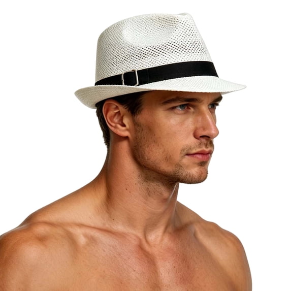 DayScoop Mens Mesh Straw Fedora Hat, Short Brim Hollow Out Trilby Cap With Black Strap Metal Buckle, Lightweight Breathable Summer Sun Hat Beach Travel Outdoor Activities Men