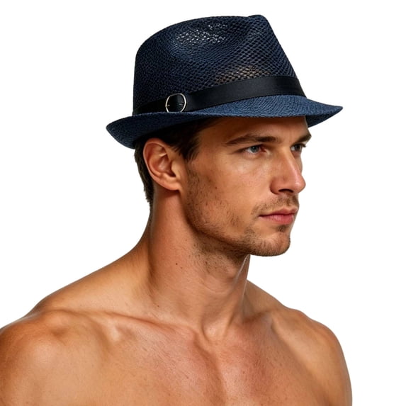 DayScoop Mens Mesh Straw Fedora Hat, Short Brim Hollow Out Trilby Cap With Black Strap Metal Buckle, Lightweight Breathable Summer Sun Hat Beach Travel Outdoor Activities Men