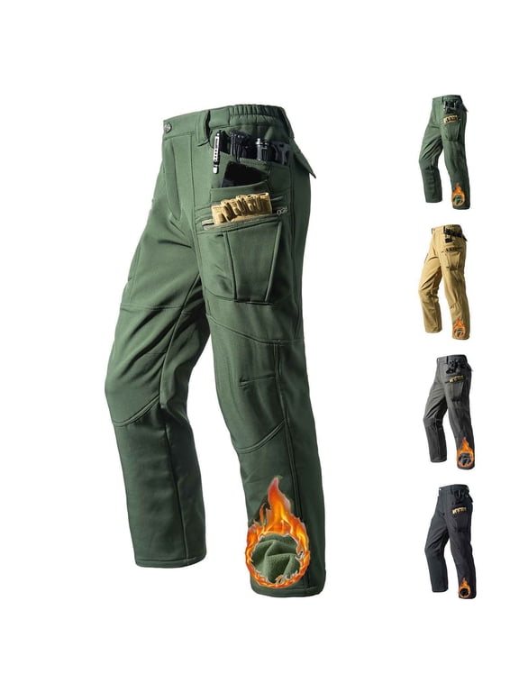 Mens Multi Pocket Fleece Lined Pants, windproof warm cloth for fall and cold outdoor field work, Cotton
