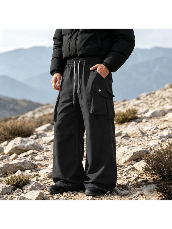 Mens Pants Adjustable Cuff Wide Leg Cargo Pants, Large Button Flap Patch Pockets, Elastic Drawstring Waist, Baggy Streetwear Trousers