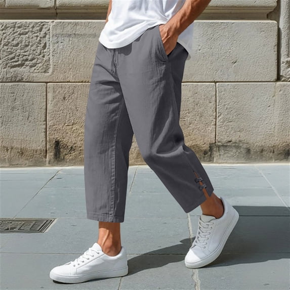 DayScoop Mens Pants Casual Trousers Summer Fashion Loose Exercise Drawstring Waist Pocket Slitted Bottoms Beach Full Length Pants