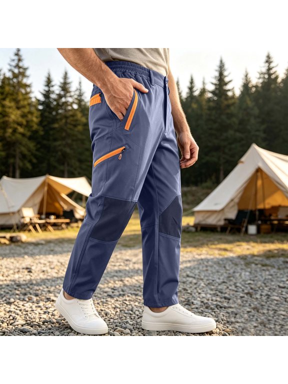 Mens Pants Contrast Panel Work Cargo Pants, Zippered Utility Pockets, Elastic Waist Jogger Trousers with Reinforced Knee Patches