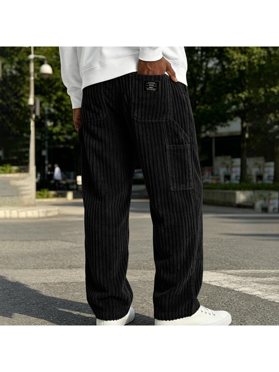 Mens Pants Corduroy Cargo Pants, Vertical Striped Texture, Multi Patch Pockets, Relax Straight Leg Work Trousers with Back Label Decoration