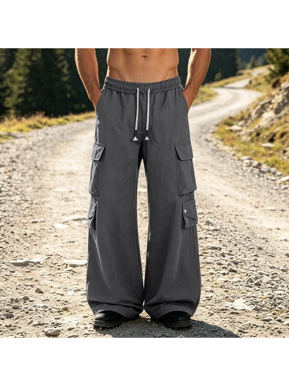 Mens Pants Extra Multi Flap Patch Pocket Cargo Pants, Elastic Waist with Thick Drawcords, Wide Leg Loose Casual Trousers for Street Look