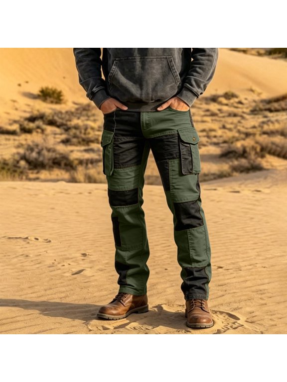 Mens Pants Patchwork Cargo Color Block Stretch Twill Fabric Belt Loop Waist Multi Flap Pockets Patchwork Panel Slim Tapered Silhouette Casual Trousers