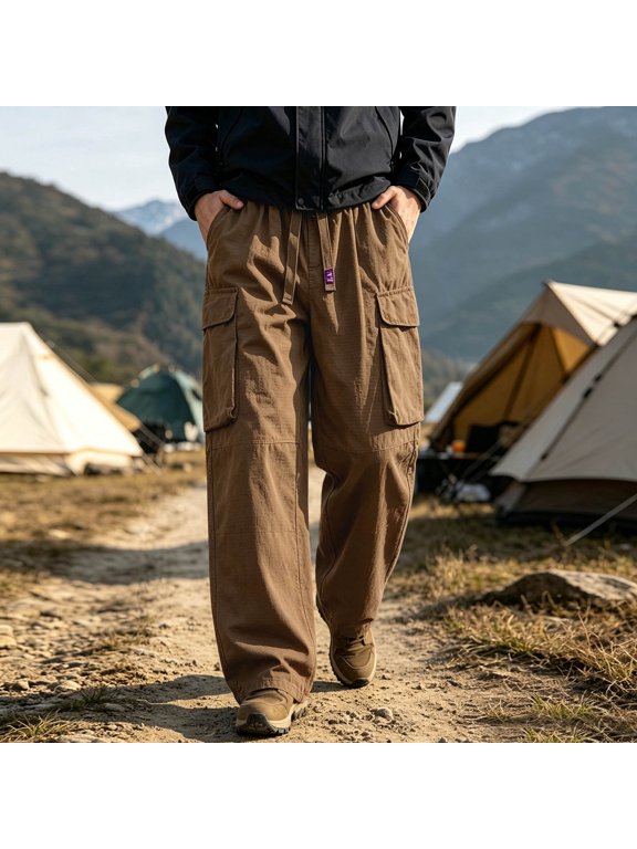 Mens Pants Relax Wide Leg Cargo Trousers, Simple Patch Side Pockets, Full Drawstring Waist Casual Loose Fit Utility Pants