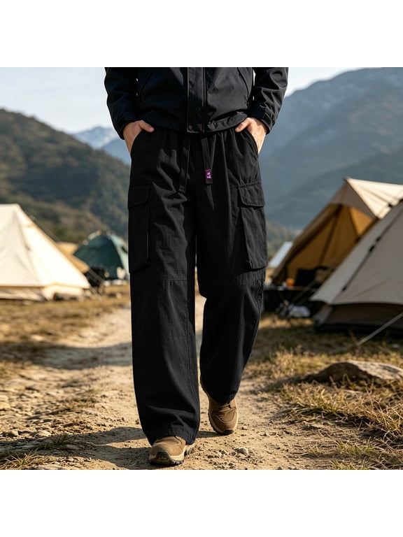 Mens Pants Relax Wide Leg Cargo Trousers, Simple Patch Side Pockets, Full Drawstring Waist Casual Loose Fit Utility Pants