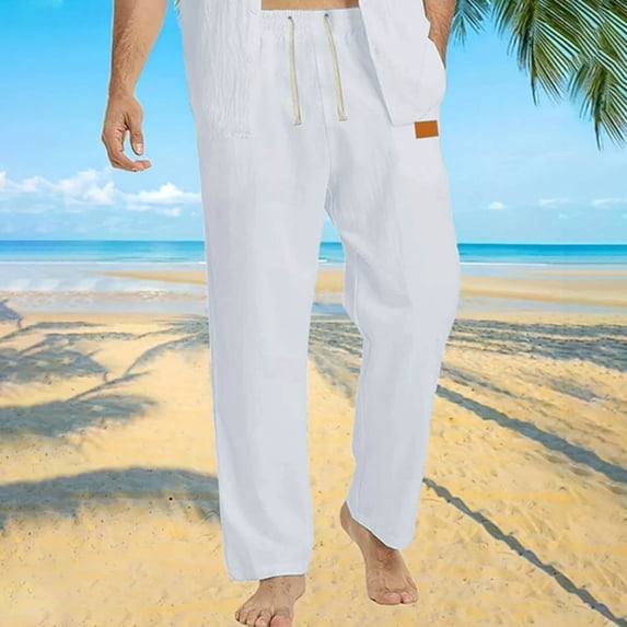 DayScoop Mens Pants Solid Color Trousers Summer Casual Fashion Big & Tall Loose Elastic Drawstring Waist Straight Leg Beach Full Length Pants