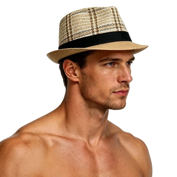 DayScoop Mens Plaid Straw Fedora Hat, Short Brim Check Pattern Trilby Cap With Hat B, Lightweight Breathable Summer Sun Hat Beach Travel Outdoor Party Daily Wear Men