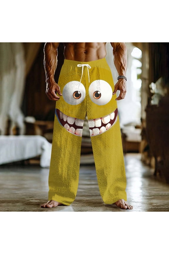 Mens Plus Size Pants Summer Trousers Casual Fashion Smiling Face Loose Waist Vacation Elastic Drawstring Pockets Full Length Pants