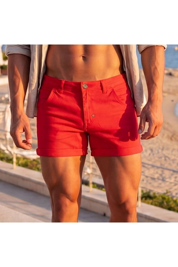Mens Shorts Casual Breeches Summer Fashion Solid Color Button Zipper Turn The Feet Inward Short Pants