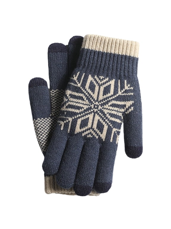 Mens Snowflake Jacquard Knit Winter Gloves, Warm Stretch Thermal Full Finger Hand Gloves, Cold Weather Patterned Knitted Gloves for Walking, Driving, Holiday Outdoor Fall Winter Activities