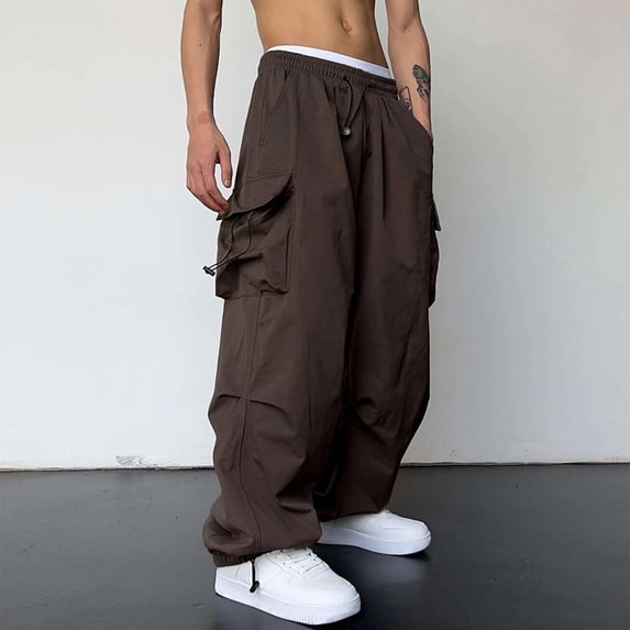 DayScoop Mens Solid Color Pants Casual Bottoms Drawstring Elastic Waist Pocket Sport Cargo Full Length Trousers
