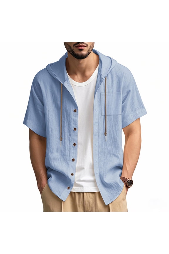 Mens Solid Color T Shirt Short Sleeve Shirts Casual Hooded Fashion Button Summer Pockets Cardigan Pocket Tee Top