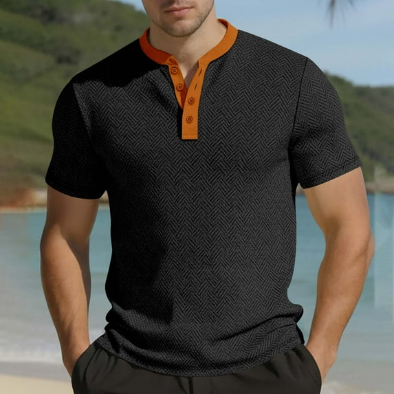 DayScoop Mens Solid Color T Shirt Short Sleeved T Shirt Summer Fashion Casual Round Neck Button Color Blocked Slim Top Tees