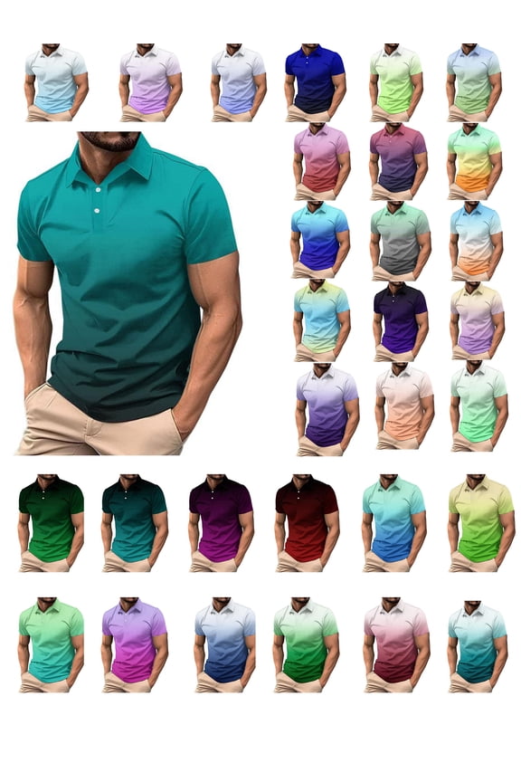 Mens Summer Casual Gradient Color Short Sleeve T-Shirt, Men Turn Down Collar Buttons Print Comfortable Tops