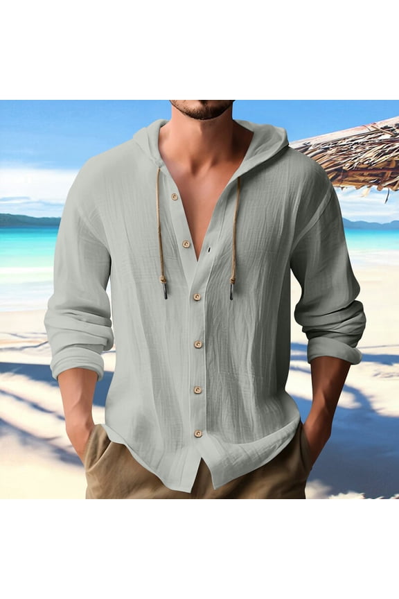 Mens Summer Jackets Fashion Outerwear Casual Solid Button Round-neck Long Sleeve With Hooded Outer Tops