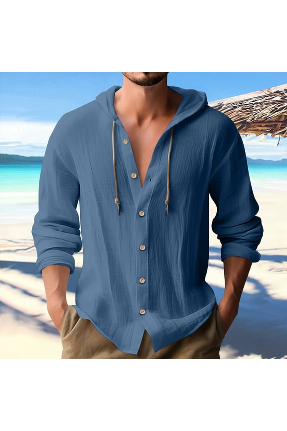 Mens Summer Jackets Fashion Outerwear Casual Solid Button Round-neck Long Sleeve With Hooded Outer Tops