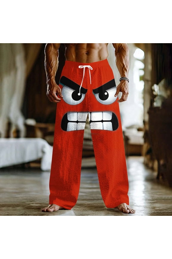 Mens Summer Pants Casual Trousers Fashion Smiling Face Loose Outdoor Vacation Home Elastic Drawstring Fragrant Pockets Full Length Pants Plus Size