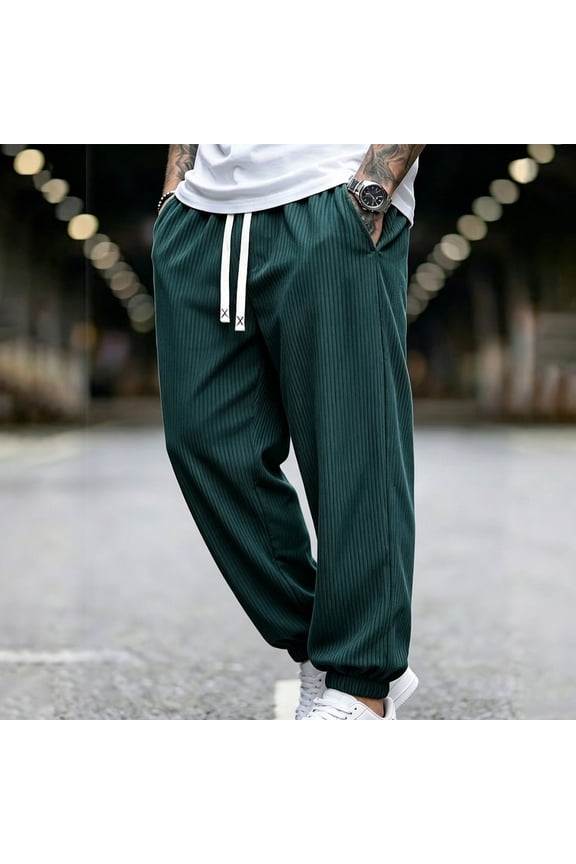 Mens Summer Pants Fashion Trousers Casual Solid Color Tight Waist Drawstring Pocket Sports Full Length Pants