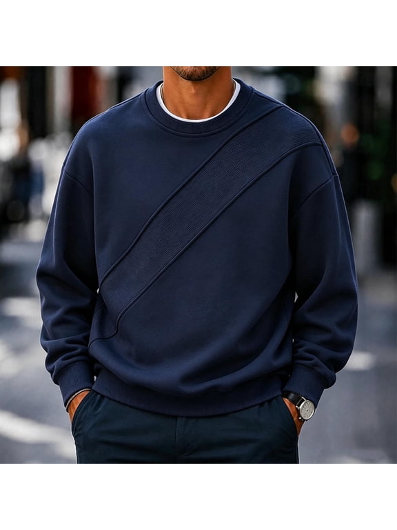 Mens T-Shirt Raglan Sleeve Textured Long Sleeve T-Shirt, Crew Neck Integrated Cutting Design, Lightweight Breathable Casual Solid Top for All Day Daily Activities