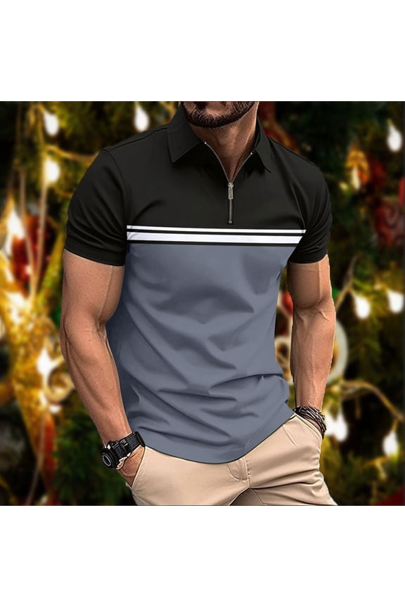 Mens T-Shirt Short Sleeve T Shirt Fashion Summer Casual Color Blocked Zipper Slim Loose Turndown Collar Tops