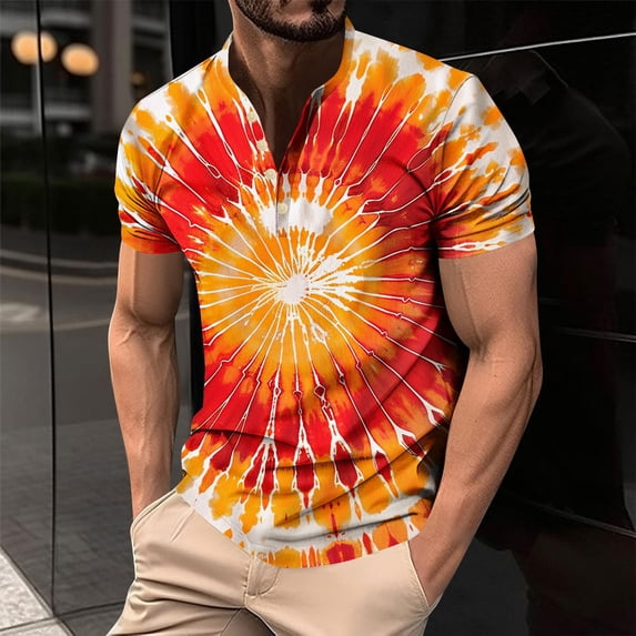 DayScoop Mens T-Shirts Fashion Short Sleeve T Shirt Summer Printing Button Tees Casual Round-Neck Turndown Collar Tops