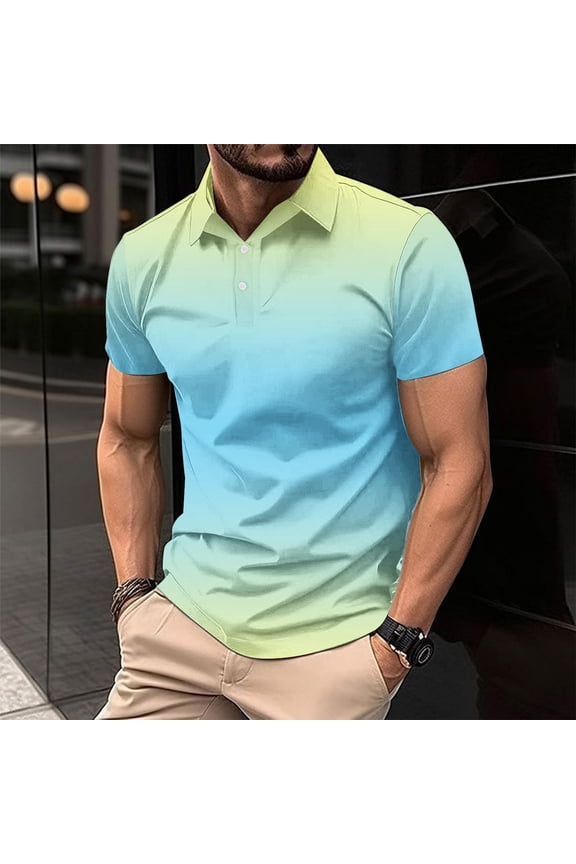 Men's Gradient Short Sleeve T-Shirt Summer Casual Home Outdoor Button Down Turndown Collar Soft Tops Tees