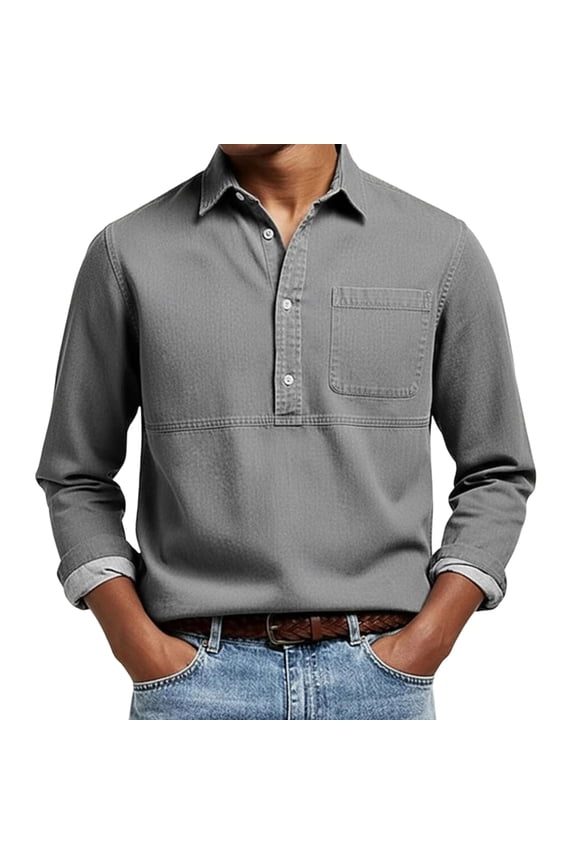 Mens T-shirt Casual T Shirt Summer Solid Color Fashion Long Sleeve Rayon Collar Button Pocket Hyperline Tops Tees